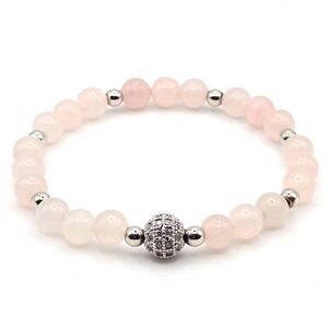 Handmade Rose Quartz Beaded Stretch Bracelet with Silver Tone & Micro Pave‎ Bead